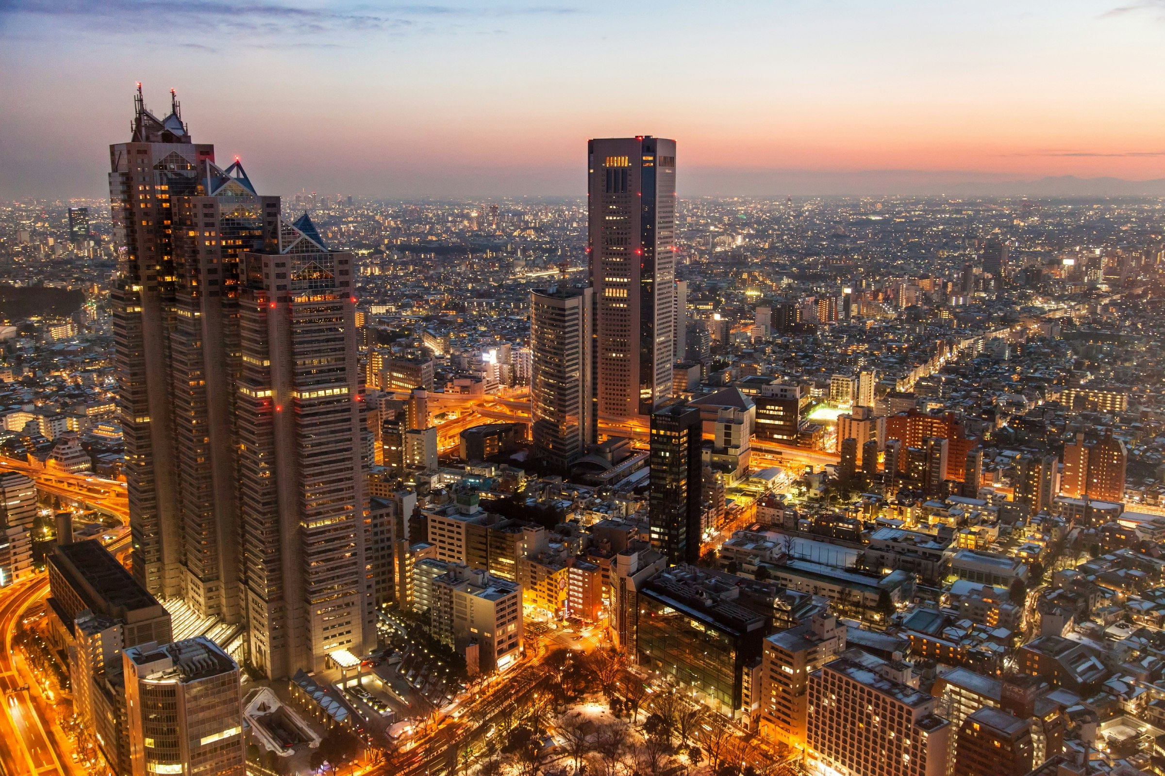 Shinjuku at night in Tokyo, Japan.