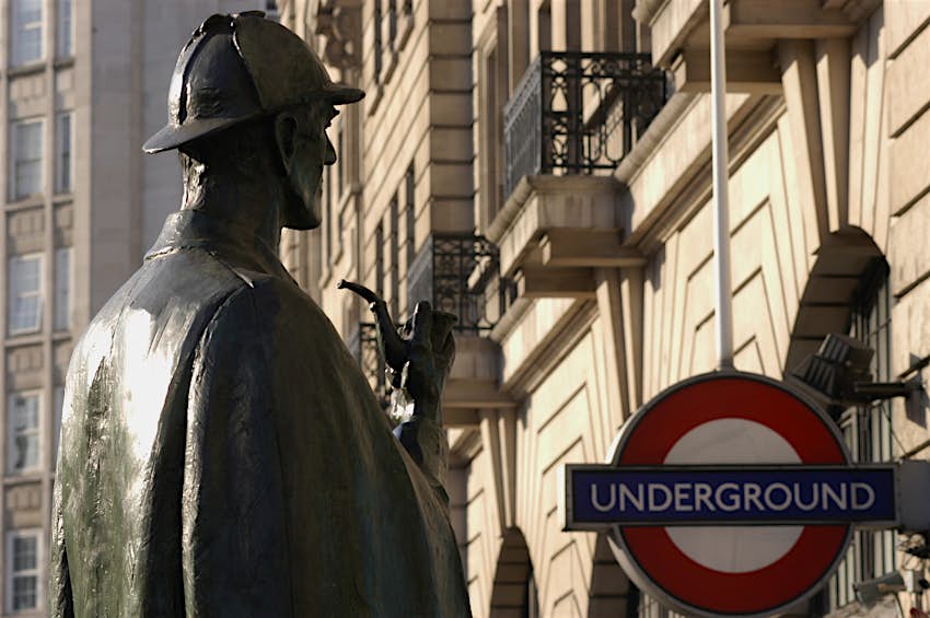 Travel News - Great Britain, England, London, Marylebone, Baker Street tube station, statue of Sherlock Holmes outside the station entrance Baker Street tube station with a statue of Sherlock Holmes outside. Image: Chris Stowers