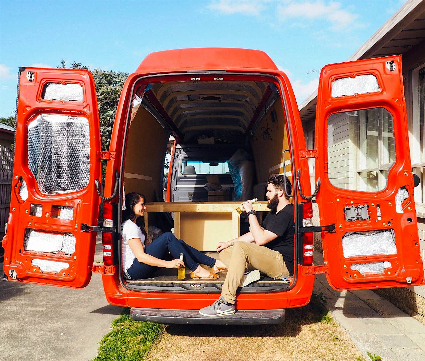 Travel News - DIY Van Life The couple from Victoria, Australia, have built a bed frame, kitchen cupboards, a sink and worktop.