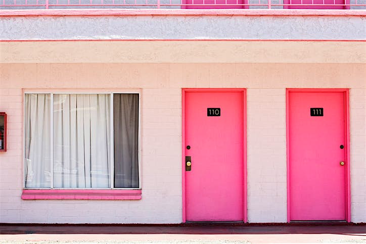 Travel News - Pink Motel Room Doors A pink motel in Las Vegas, Nevada, USA