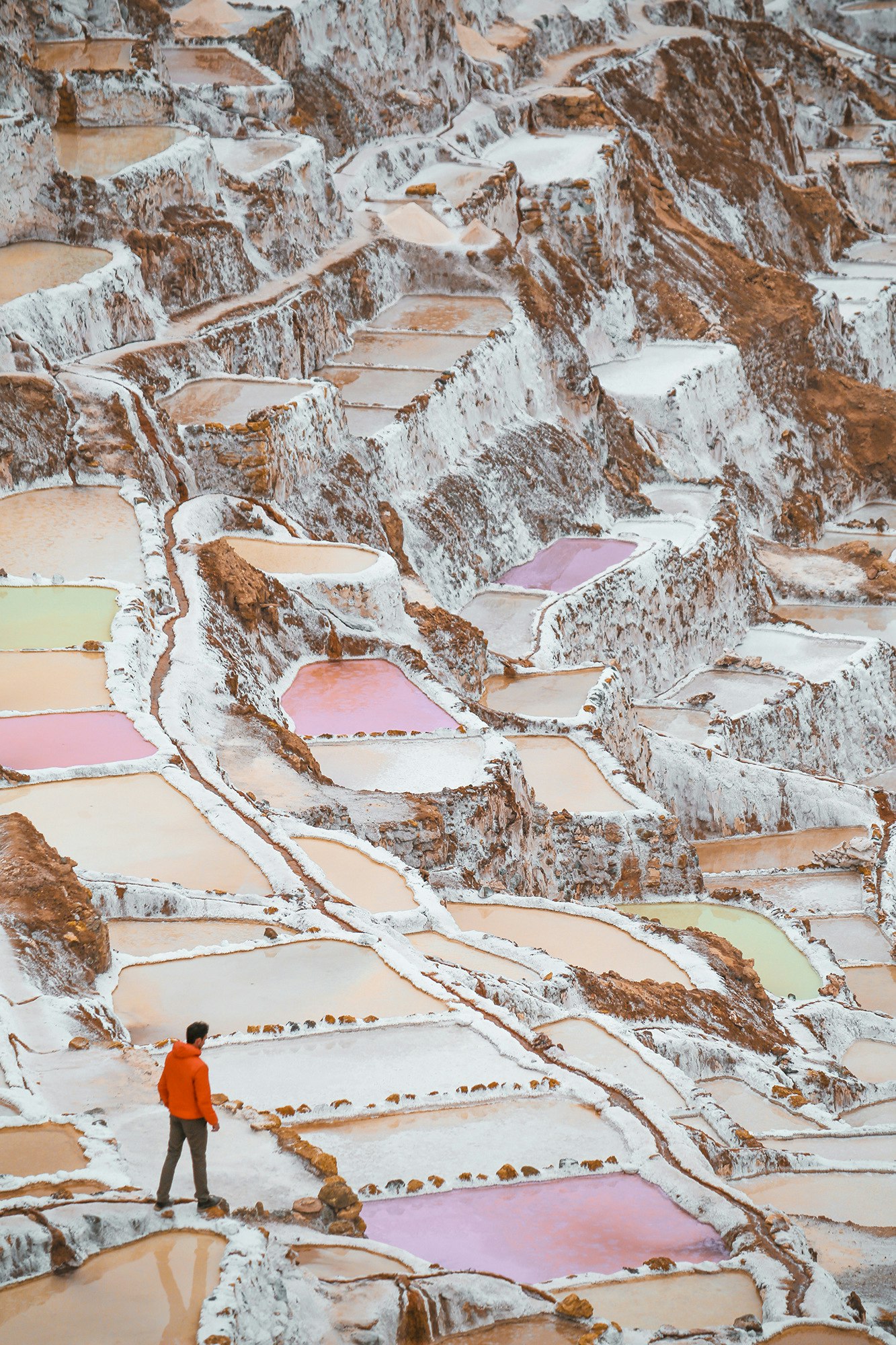 Beautifully coloured salt ponds are found near Maras, Peru.