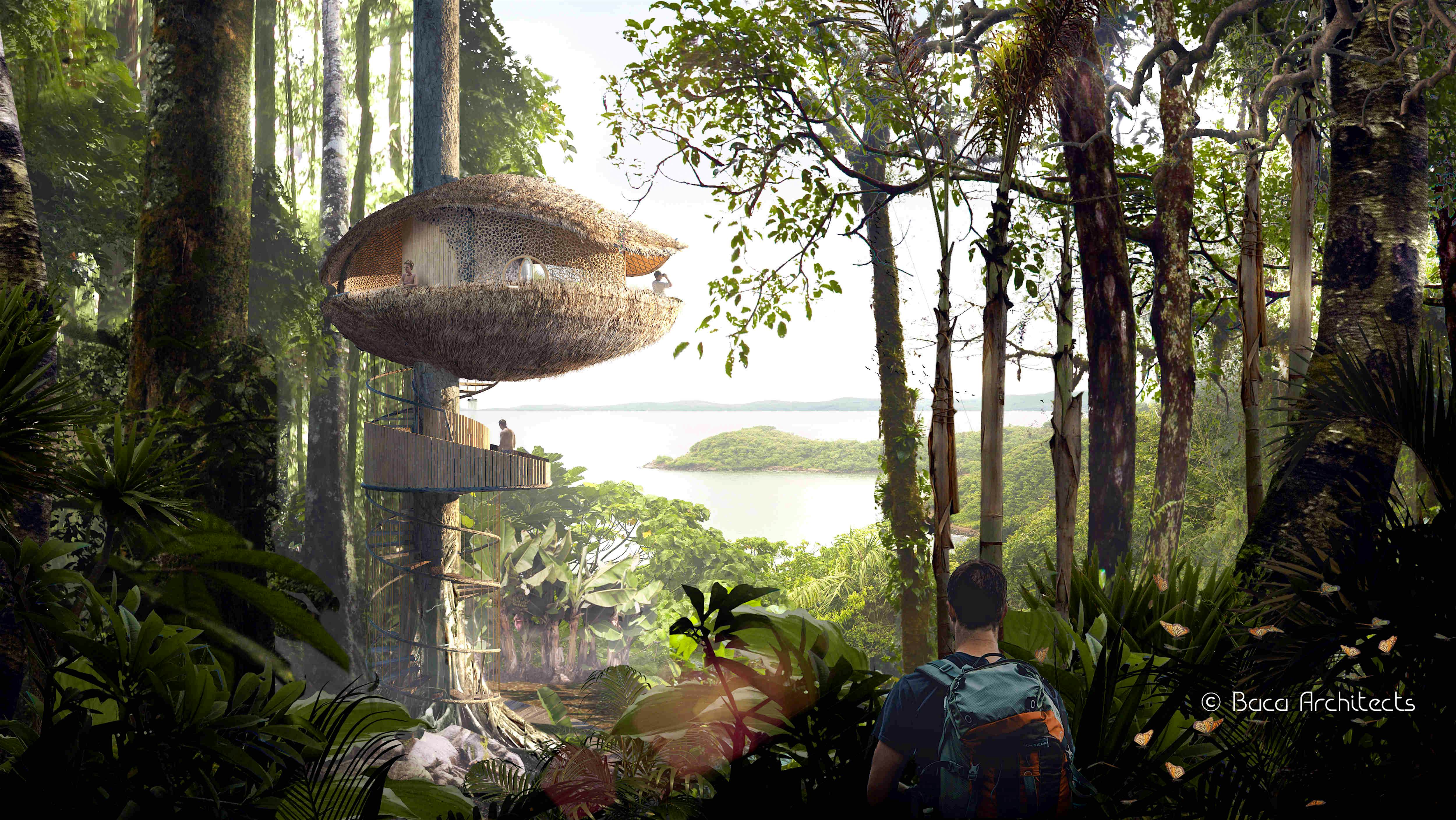 Travel News - Exterior view of the bíku treehouse cocoa pods. Image courtesy of Baca Architects Treehouse lovers can now stay in a cocoa pod hut in Panama