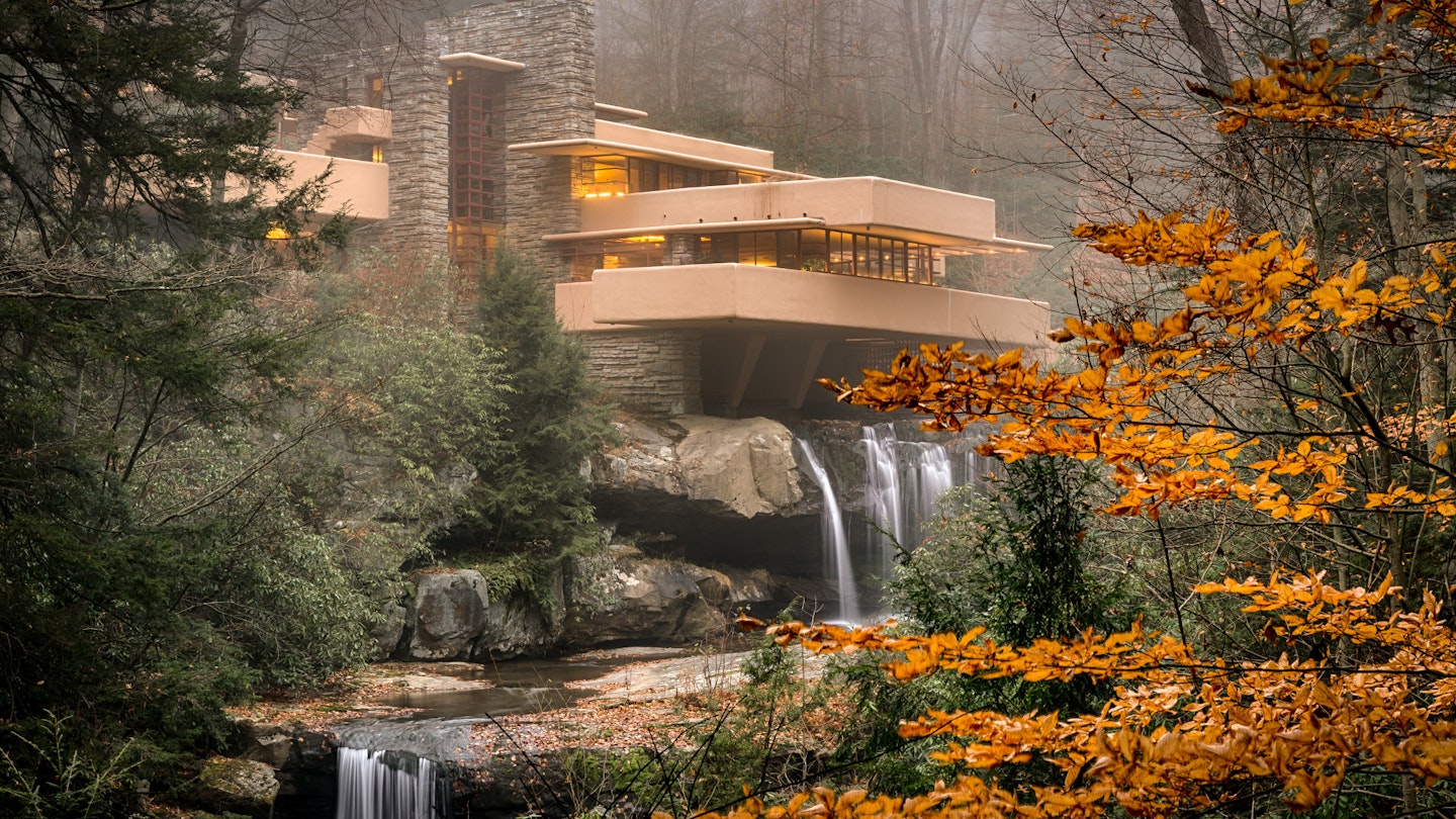 Frank Lloyd Wright's famous design, Falling Water, a house in Pennsylvania.