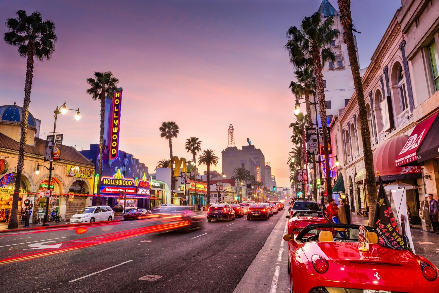 A twilight view of streets in Hollywood, Los Angeles