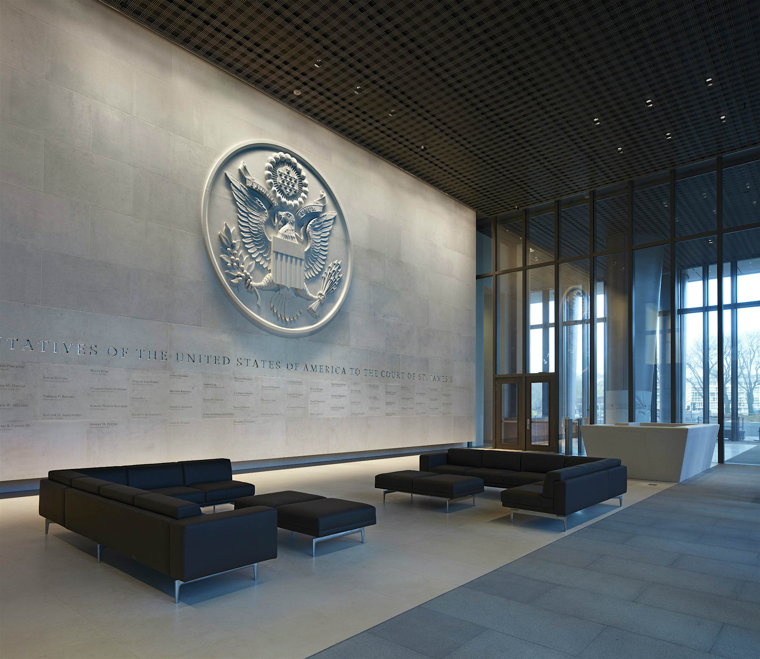 Travel News - US Embassy, London The main lobby of the American Embassy in London.
