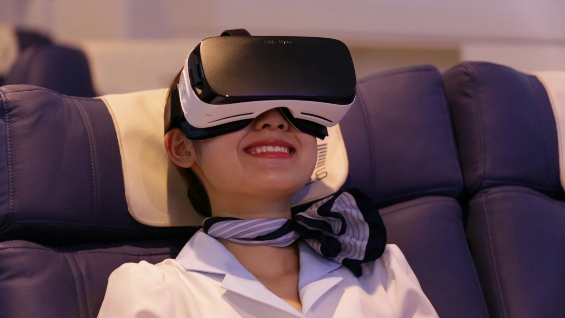 Guests wear virtual reality headsets to experience the flight, before exploring their destination.