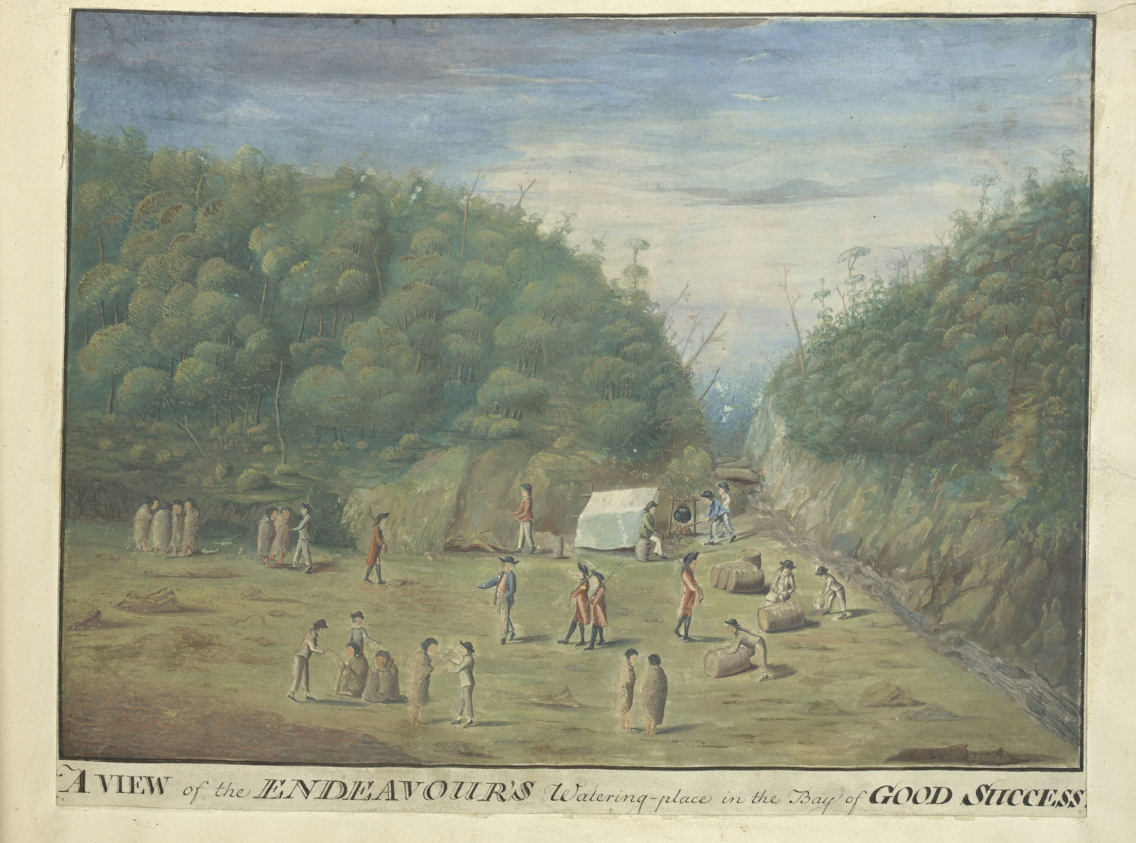 Travel News - 'A View of the Endeavour’s Watering Place in the Bay of Good Success’ by Alexander Buchan, 1769