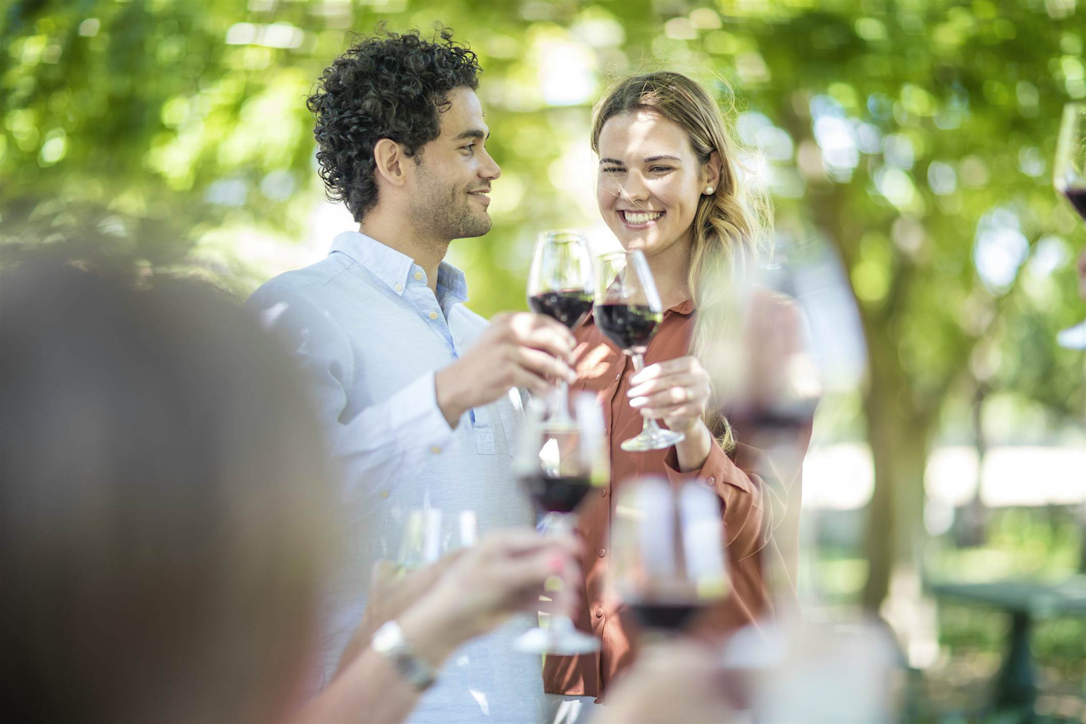 Travel News - Couple raising a toast together with wine in garden Cape Town, South Africa,Couple raising a toast together with wine outside garden