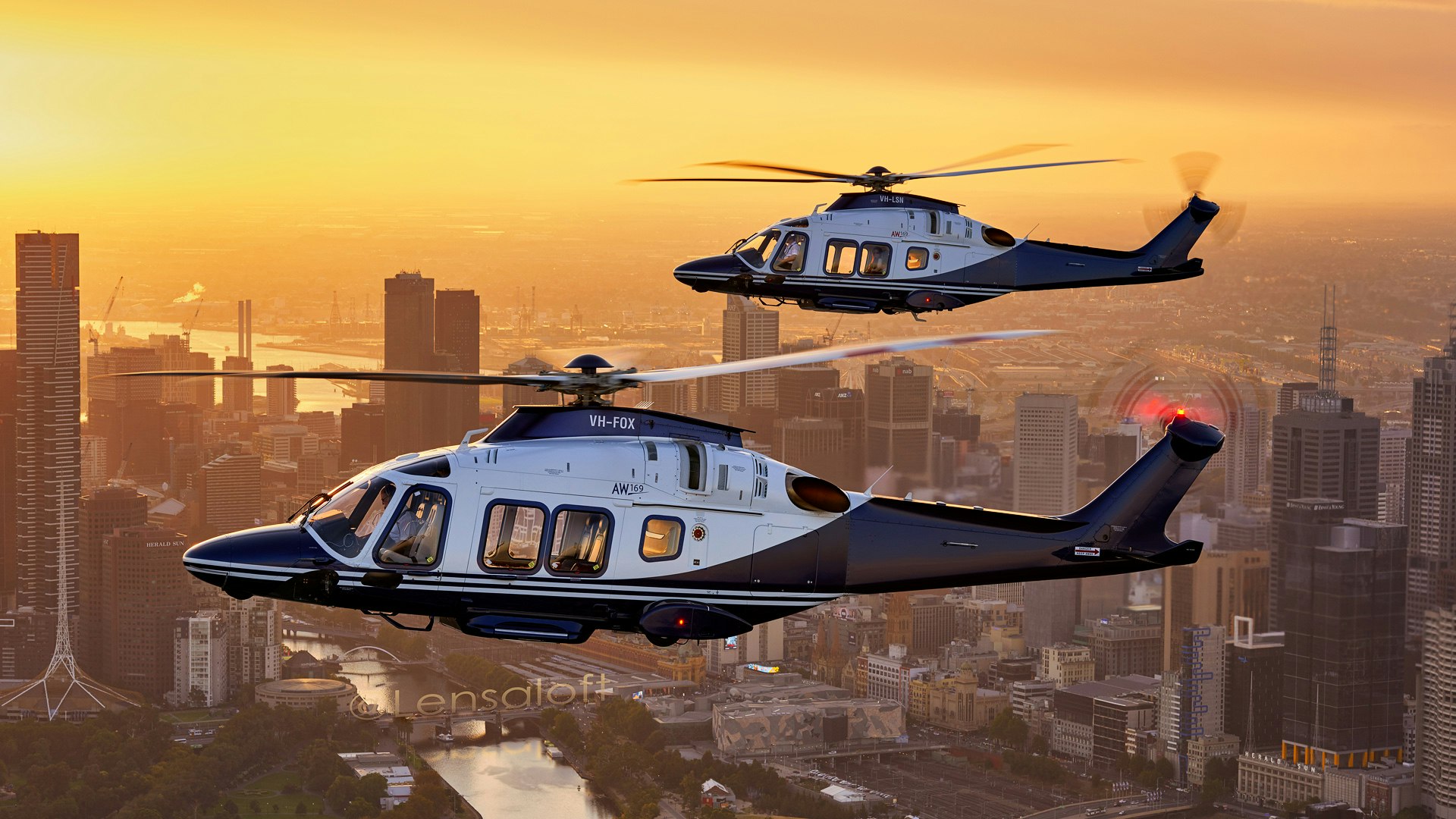 Helicopters flying over Melbourne, Australia.
