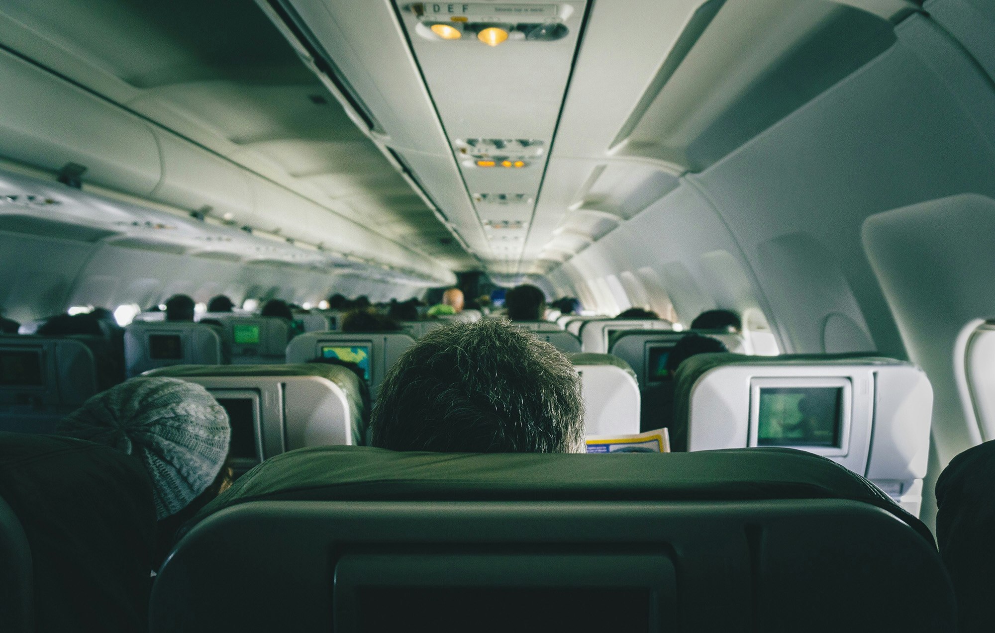 Rear view of people sitting on a plane