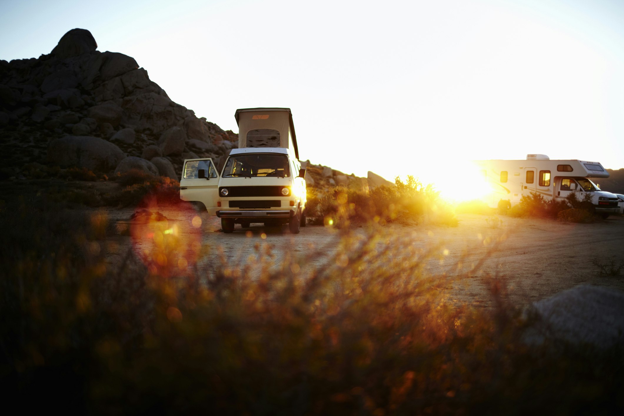 Travel News - A camper van, a classic design, and an iconic travelling vehicle in Yosemite national park, at sunset.