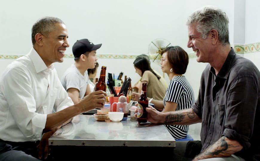 Barack Obama and Anthony Bourdain enjoy a beer in Vietnam.