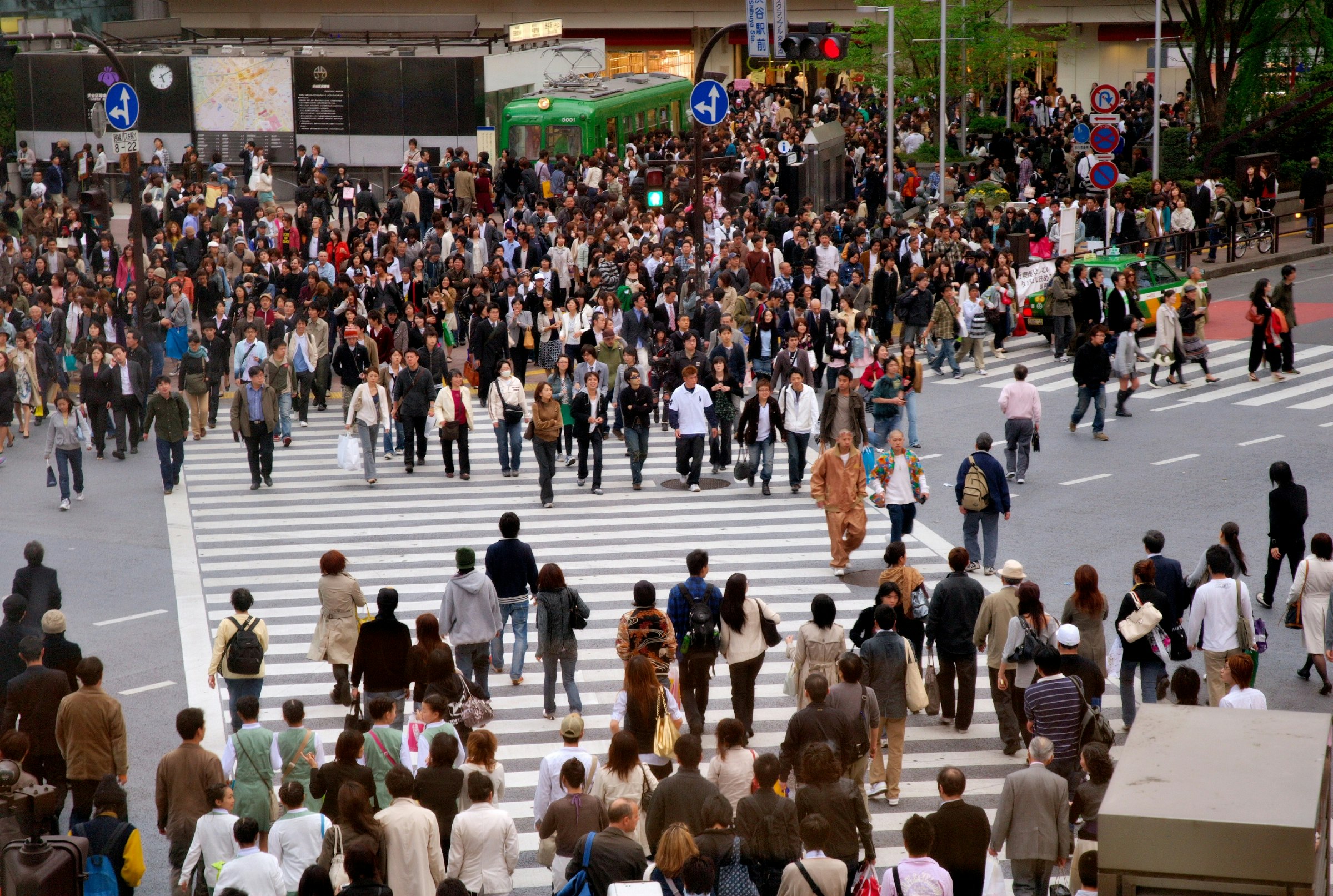 People at busy intersection, Hachiko exit, Shibuya Station.