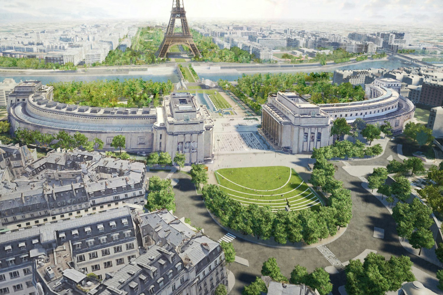 A rendering of the new redesign of the area around the Eiffel Tower.