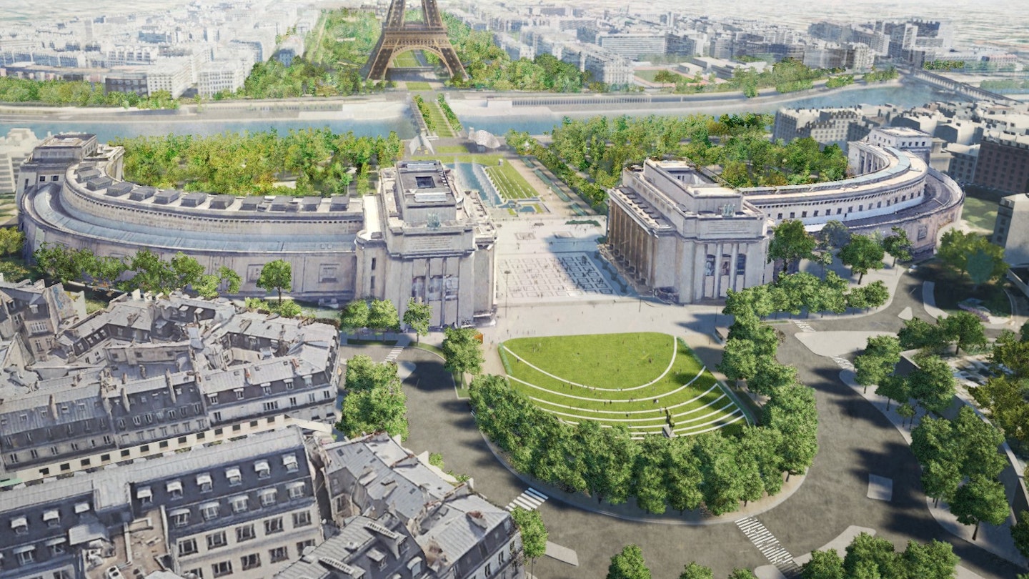 A rendering of the new redesign of the area around the Eiffel Tower.