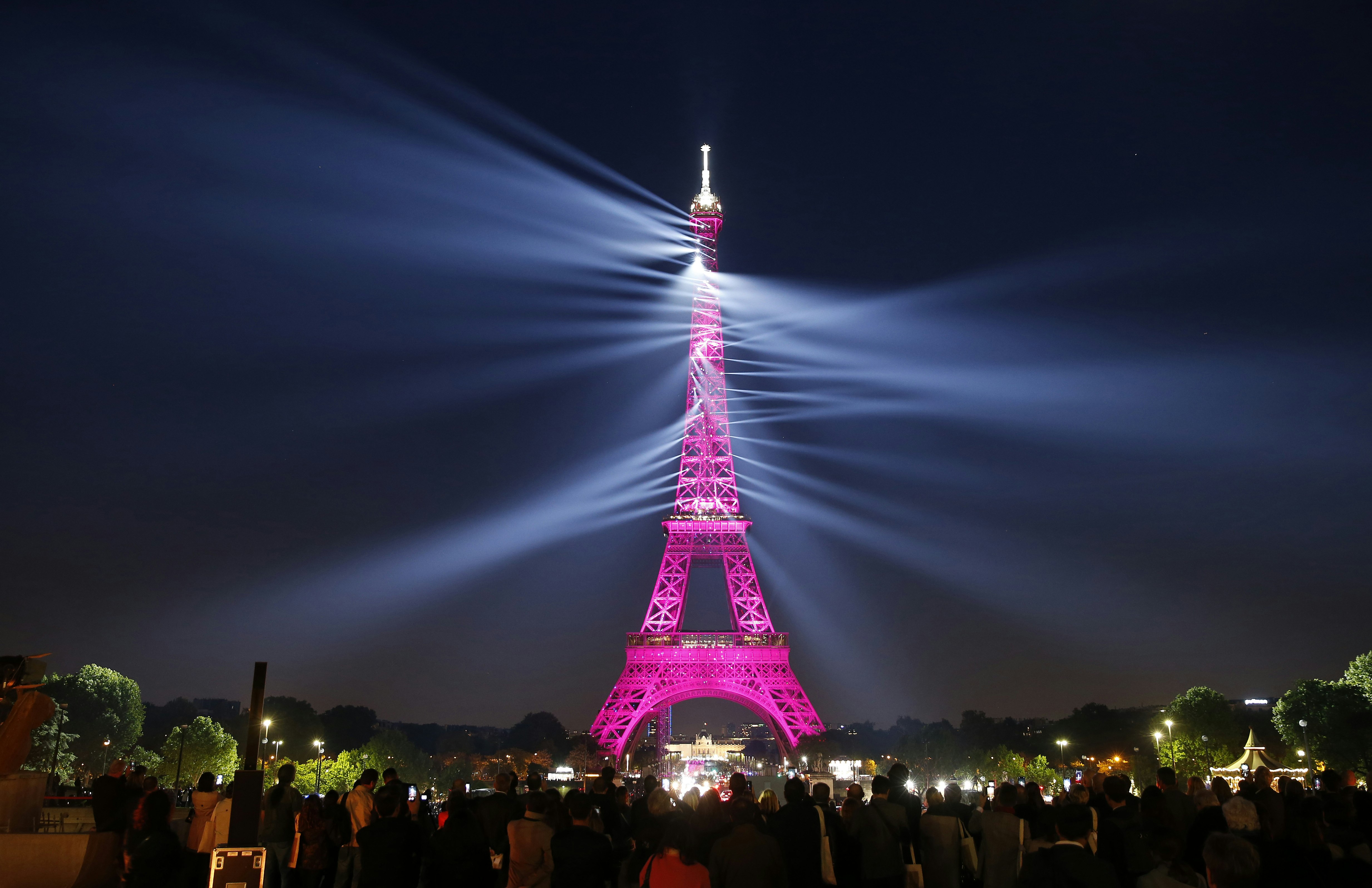 A sound and light show is projected on the Eiffel Tower on May 15, 2019 in Paris, France.
