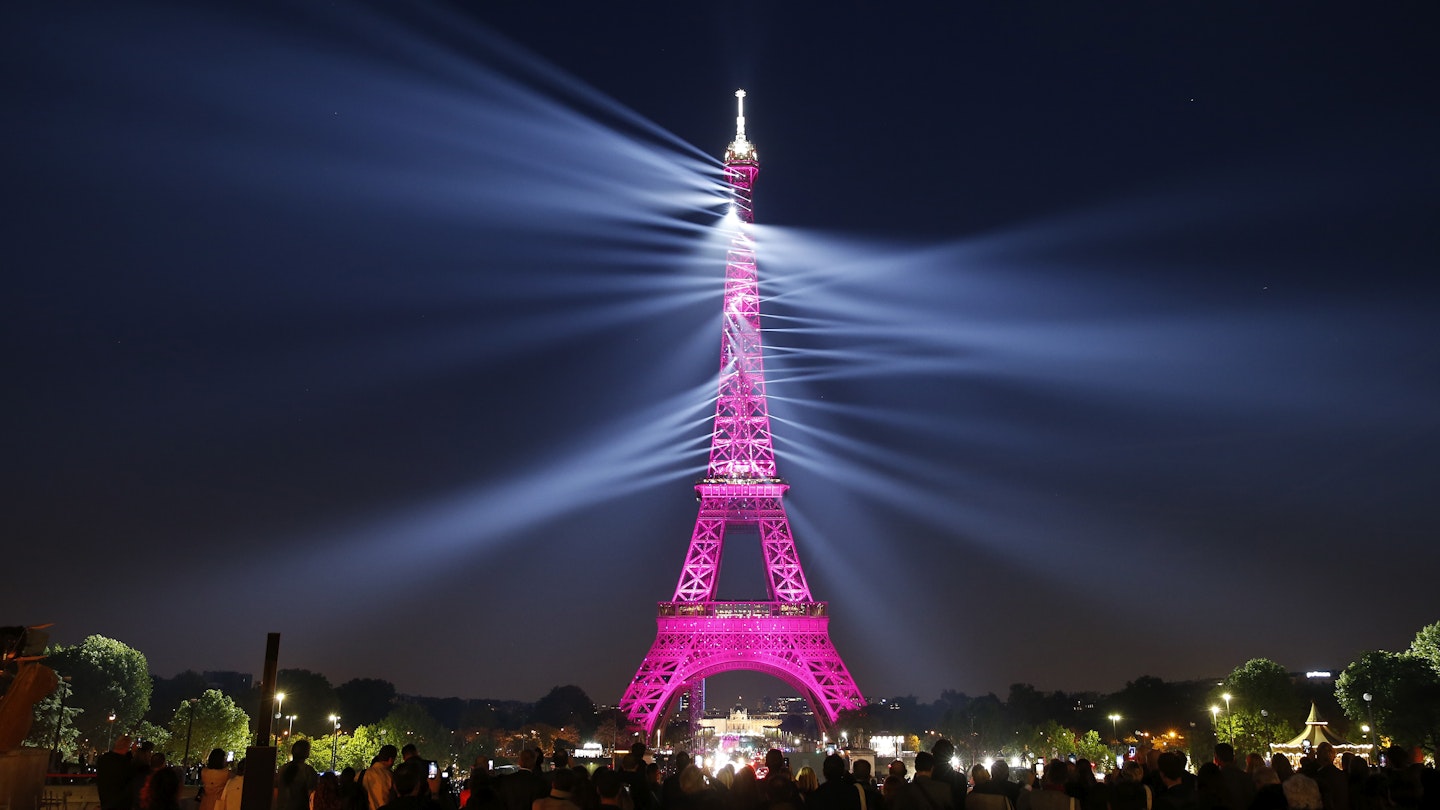 A sound and light show is projected on the Eiffel Tower on May 15, 2019 in Paris, France.