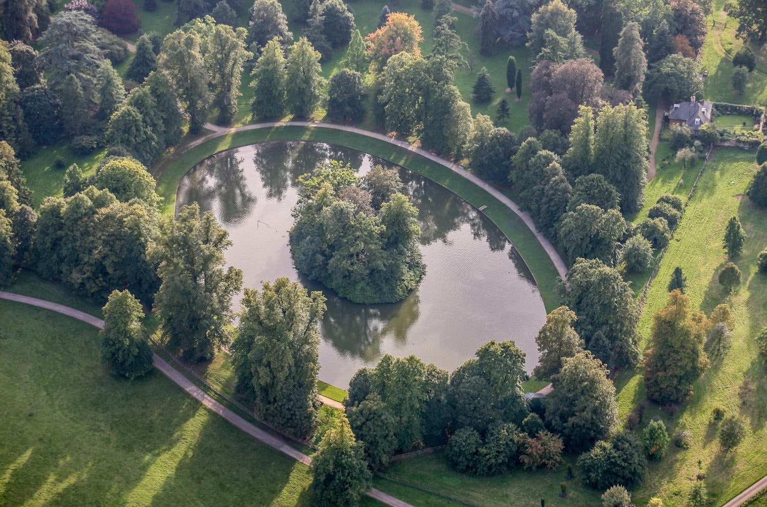 An aerial view of the Round Oval lake in Althorp. which is the burial site of Diana, Princess of Wales.
