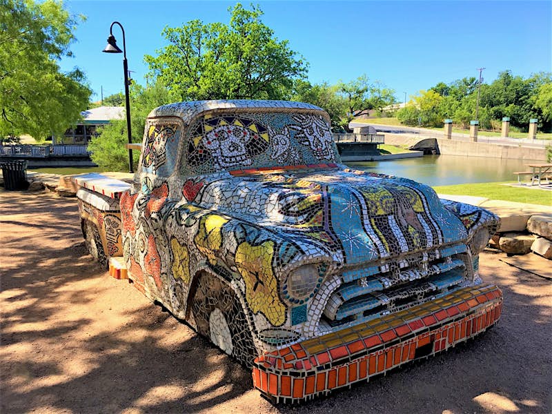 Travel News - Art in Uncommon Places at The Bosque Another Art in Uncommon Places project, this mosaic-covered vintage truck took a reported six years to create.
