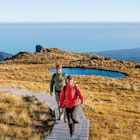 Two people walking on the Hump Ridge Track in New Zealand