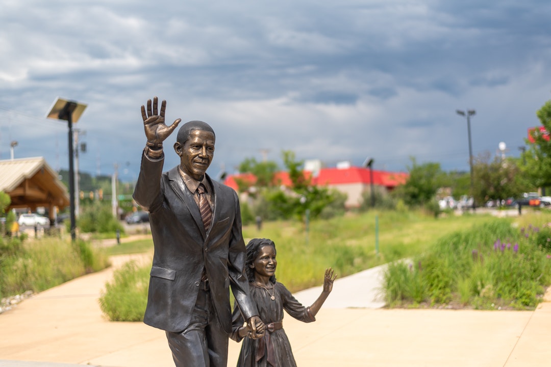 A bronze statue of former US president, Barack Obama, and his daughter Sasha in Rapid City