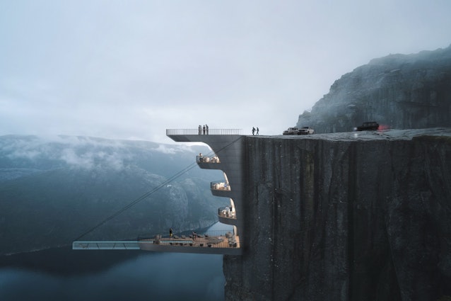 A rendering of a hotel built into a Norwegian cliff