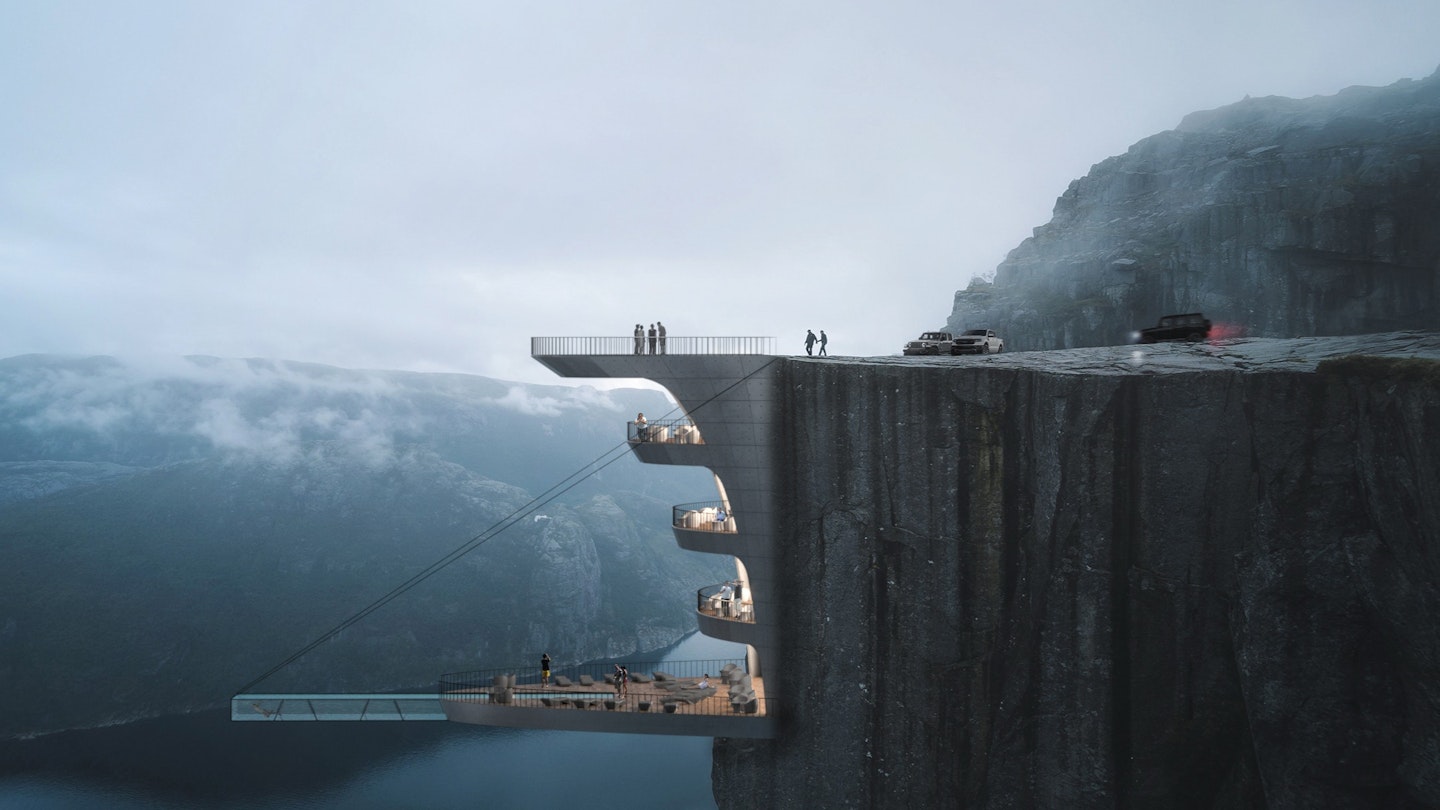 A rendering of a hotel built into a Norwegian cliff