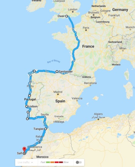 Route of Tom's proposed trip to Morocco