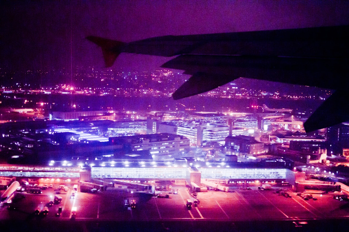 An aerial view of Heathrow Airport at night