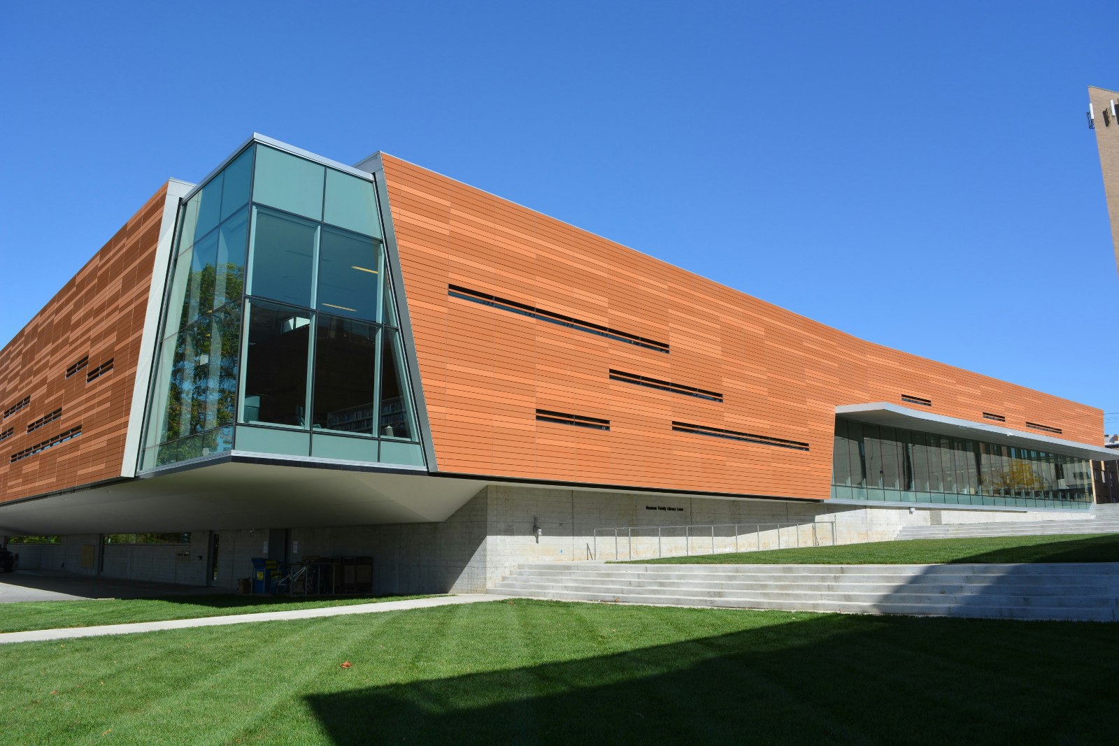 The modern exterior of Lawrence Public Library.